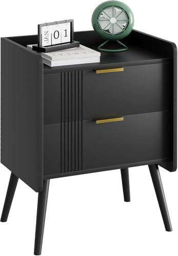 Huhote Bedside Table with 2 Drawers, Storage Nightstand, Wooden Bedside Cabinet for Bedroom, 2 Tier Bed Side Table, Coffee End Table with Wooden Legs, 16.3 x 11.8 x 22.8 IN, Black