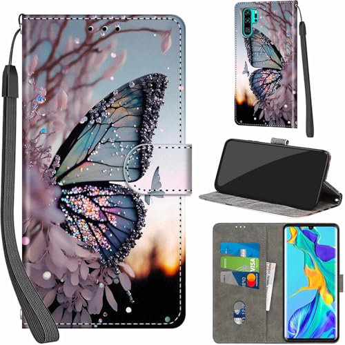 Handyhülle für Huawei P30 Pro Hüllen Premium Leder Case Klappbar Wallet Magnet Kartenfach Standfunktion Schutzhülle kompatibel mit Huawei P30 Pro Cover,Schmetterling