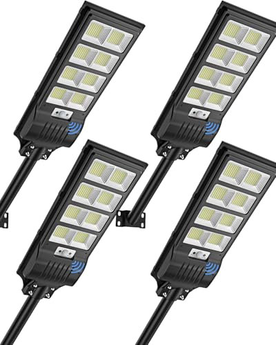 Bellanny Farolas Solar Exterior 400W, Luz blanca fría 6500K Focos Proyector LED con sensor de movimiento, Impermeable IP65 Farola Potente, Luz de Seguridad para Patio Aparcamientos Calle Jardin,4Pcs