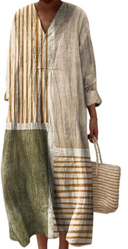 Vestido Suelto Mujer Bohemio con Flores, Escote en Pico y Manga Larga, Ropa Casual Cómoda para Entretiempo, Vestidos Holgado Estampado Elegante de Diario