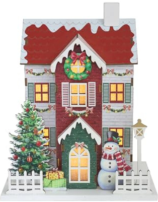 PE Maison de Noël Lumineuse Bois LED, 23.5cm Décoration Cheminée Ambiance, Fonctionne à Piles Figurine Village Hivernal, Cadeau de Noël (Piles Non Fournies).