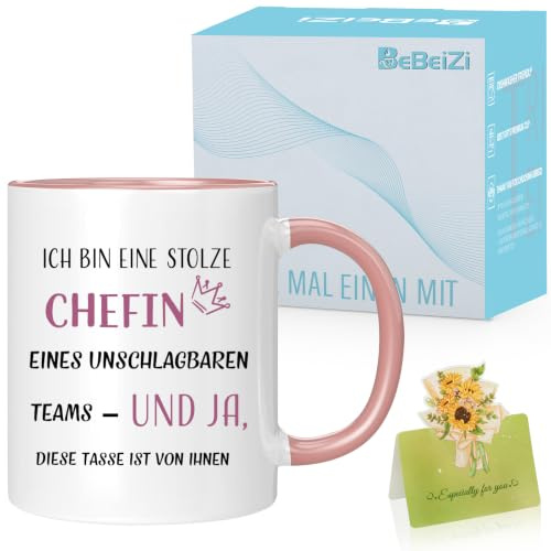 BeBeiZi Tasse Chefin Geschenk mit Spruch „Ich Bin Stolze Chefin Eines Unschlagbar Teams“ | Geschenkidee für Vorgesetzte zum Geburtstag, Weihnachten oder Abschied | Lustiger Becher für Kollegen