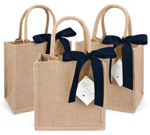 6 Pack Burlap Tote Bags with Handles Reusable Small Jute Gift Bags with Dark Blue Silk Ribbons Waterproof Lining for Wedding Bridesmaid Mother's Day Bachelorette Beach Party