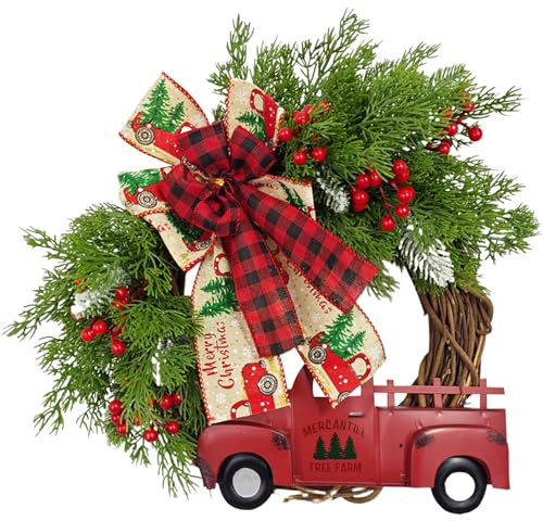 1PC Weihnachtskranz für die Haustür 18 Zoll roter LKW Vintage Plaid Bogen-Knoten-Dekorationen für den Weihnachtsbaum im Innenbereich im Freien