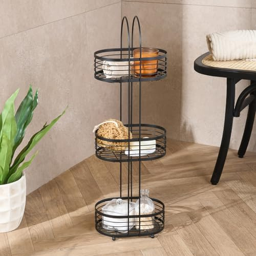 OHS 3 Tier Free Standing Shower Caddy Black, Stainless Steel Tall Floor Bathroom Caddy Corner Shower Shelves Storage Organiser Rustproof Bathroom Accessories Display Shelves