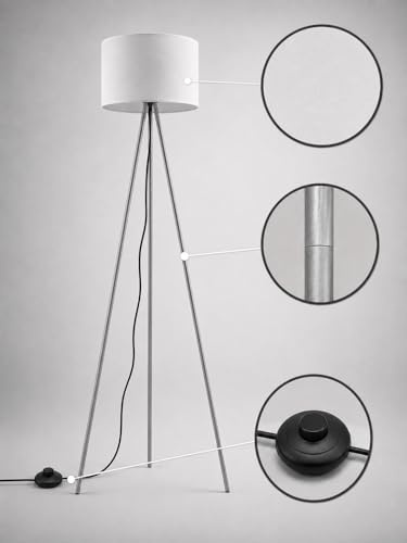 Braytron Stehleuchte – 3-Bein Standleuchte mit Satiniertem, Lichtstreuendem Kunststoffschirm & Chrombeinen, E27 Fassung, Ein/Aus-Schalter am Kabel, 155 cm Hoch für Wohnzimmer & Schlafzimmer, Weiß