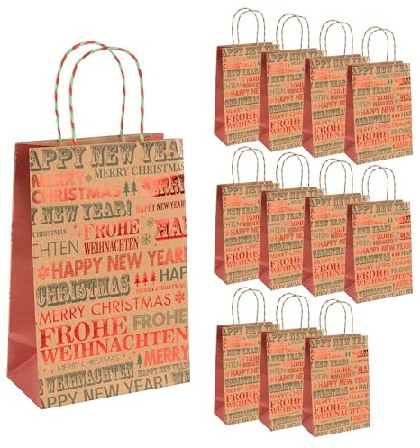 Idena 90408 - Geschenktaschen Frohe Weihnachten, 12 Stück, Papiertüten in der Größe 27 x 18 x 10 cm, Geschenktüten für Weihnachten und Silvester