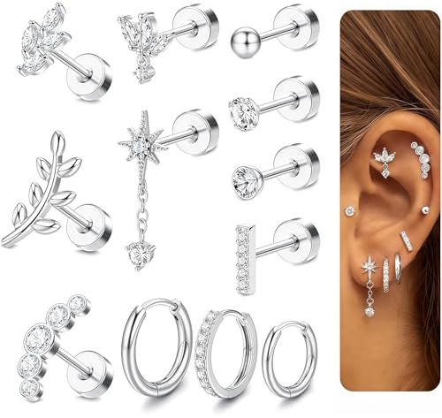 TESGADGETS 12 Stück Knorpelohrringe für Damen CZ Blume Ohr Piercing Chirurgischer Stahl kleine flache Ohrstecker Creolen Helix Conch Tragus Daith-Piercingschmuck