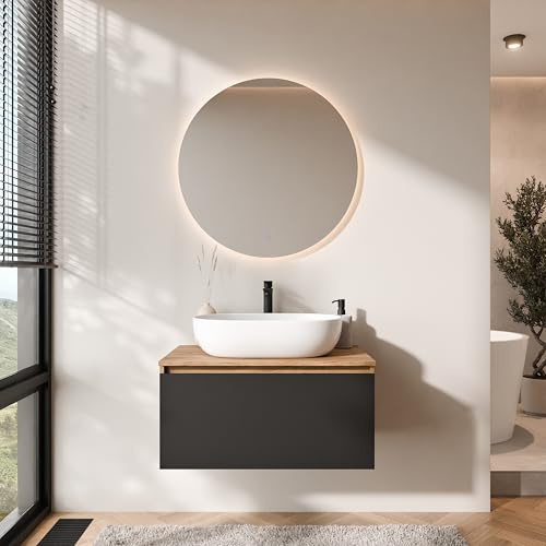 Planetmöbel Arisa Badmöbel Set Waschtisch mit Unterschrank | 80 cm, gold eiche schwarz mit NOVA Spiegel, Waschbecken 60 cm gold eiche weiß, Raumsparsiphon