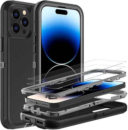 YmhxcY for iPhone 14 Pro Max Case, Military Grade 3 in 1 Heavy Duty Shockproof/Drop Proof/Dust Proof Case with 2Pcs Tempered Glass Screen Protector (Black/Grey)