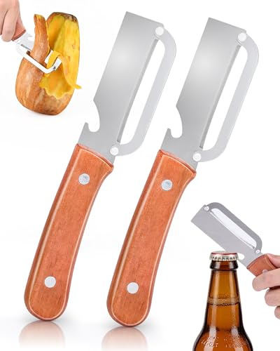 Amlif 2PCS Multi-Functiona Vegetable Peelers, Fruit Slicer & Bottle Opener | Sharp Blade, Ergonomic Vegetable Peeler, Peeling, Slicing, Bottle Opening, Easy Grip, Wooden Handle, Stainless Steel