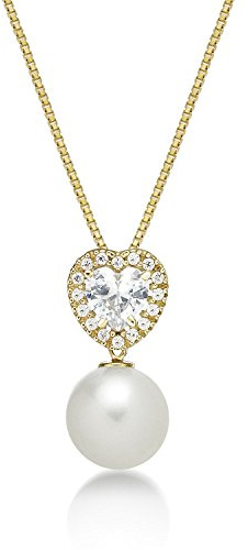 Diamond Treats Glänzende echte Perlenkette mit 8 mm weißen echten Süßwasserperle, Anhänger mit Cubic Zirkonia Steinen besetzt, Elegante 9K Gelbgold Perlenkette mit Goldkette