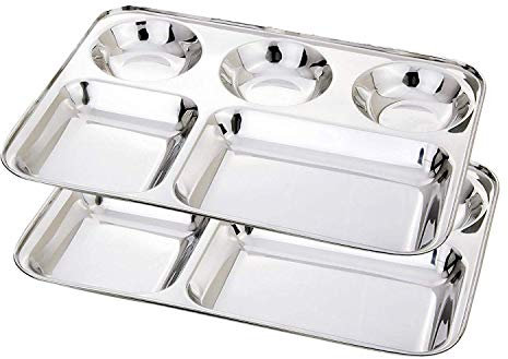 WhopperIndia Stainless Steel Five Compartment Round Plate, Thali, Mess Tray, Dinner Plate Set of 2 pcs- 33 cm Each