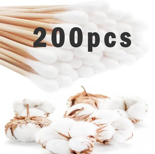 MIGNZE 200 Stück Wattestäbchen Bambus und Baumwolle Wattestäbchen, nachhaltige Wattestäbchen aus Bambus und Baumwolle, Wattestäbchen lang, Wattestäbchen mit Holzgriffen
