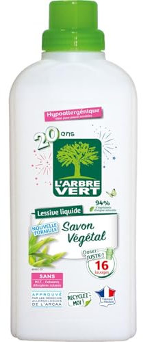 L'Arbre Vert Lessive Savon Végétal - Hypoallergénique - 16 Lavages - 720mL