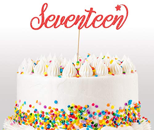 Cakeshop 17th Birthday Glitter Cake Topper, Age 17 Cake Topper Decoration, 17th Anniversary - Double Sided 400gsm Glitter Card, Choice 14 of Colours and Loads of Styles (Red)
