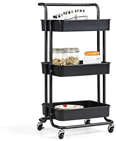 COSTWAY Servierwagen auf Rollen, mobiler Wagen mit 3 Ebenen & Griff, Rollwagen aus Metall, 3 Gitterkörbe aus Kunststoff, Küchenrollwagen Badwagen Allzweckwagen, für Bad Küche Wohnzimmer, schwarz
