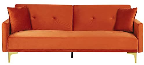 3-Sitzer Schlafsofa Samt orange gesteppt mit Metallbeinen gold 2 Kissen Lucan
