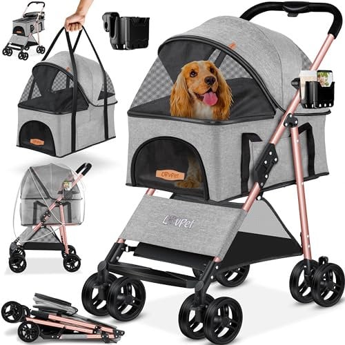 LOVPET® Hundewagen 2in1 Hundebuggy Hundebox Transporttasche Faltbar klappbar bis 20kg Haustiere Buggy mit Netzfenstern Getränkehalter, Regenschutzabdeckung Jogger Buggy für Haustiere