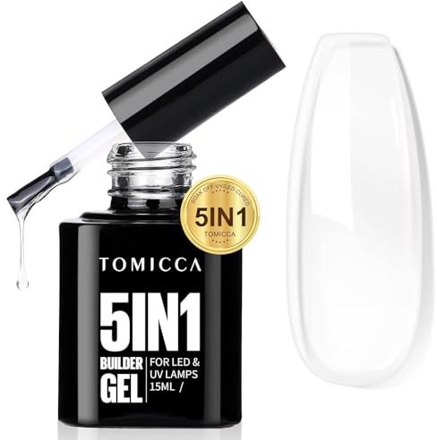 TOMICCA 5 in 1 Builder Gel für Nägel, 15ml Clear Builder Nail Gel, UV/LED Gel Nägel Gummy Base Aufbaugel für Gelnägel, Nagelverlängerung Reparatur, Nagelstärkung