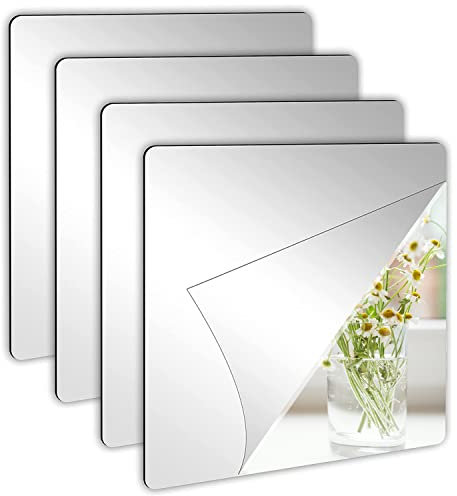 4 Espejos Decorativos de Pared, 20x20 cm Espejo Acrílico Cuadrado Espejo Adhesivo, Espejo Pared Flexible No Vidrio Sin Marco, Espejos Autoadhesivos para Manualidades Baño Sala Estar Armario