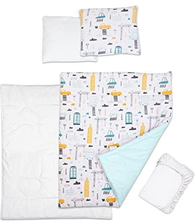 5 Piece Baby Bedding Duvet Pillow with Covers & Jersey Sheet fits 95x65cm Travel Cot (City)