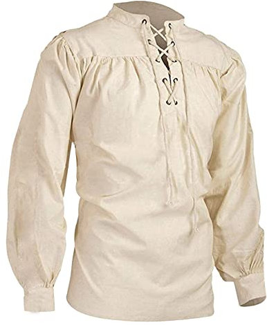 Steampunk Herren Mittelalter Rüschenhemd Renaissance Piratenhemd Leinenhemd Langarm Mittelalter Hemd mit Schnürung Hemden Stehkragen Gothic Steampunk T-Shirt V-Ausschnitt Einfarbig