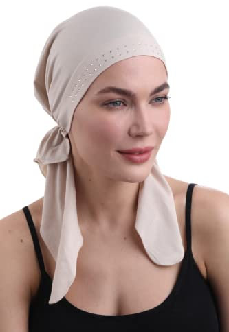 Deresina Headwear Vorgebundenes Bandana bei Haarausfall, Bambus Chemo Kopftuch für Damen, Elegant Kopftücher Turban, Kopfbedeckung Chemotherapie, Tichel Schädelkappe (Juwelenbesetzte Taupe)