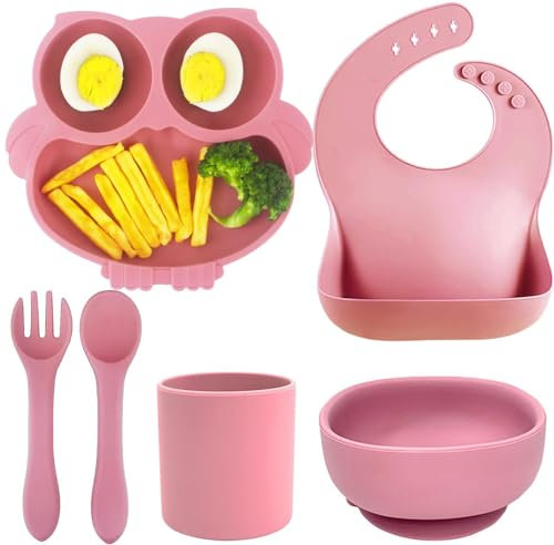 Qshare 6-teiliges Babygeschirr-Set, Kindergeschirr mit Saugnapf, Baby Schüssel, Baby Tasse, Gabel und Löffel, BPA-freies Silikon, Fuchsie
