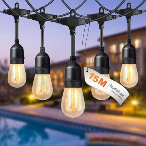 BRIMAX LED Lichterkette Außen, 15 Meter mit 15+1 Stück S14 Glühbirnen, AC220-240V Strom, 2700K Warmweiss, IP44 Wasserdicht, 2W pro Glühbirne, Außenbeleuchtung für Garten, Party, Hochzeit, Camping
