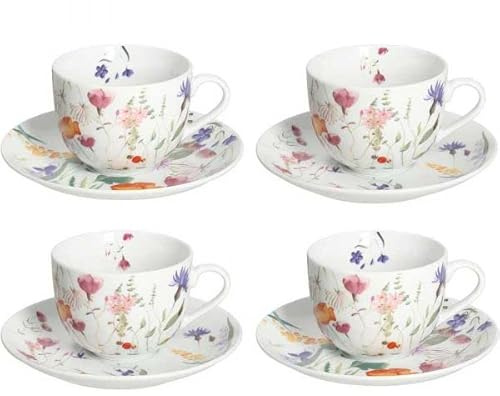ANDREA FONTEBASSO 1760 Set 4 Tazze Cappuccino con Piatto Flora Porcellana Bianco Linea Atollo