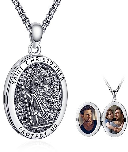 ADMETUS Foto Medaillon Heiliger Christophorus Kette Anhänger Sterling Silber St Christopherus Kette für Foto Bilder Oval Heiliger Christophorus Medaille Schmuck Geschenk für Herren