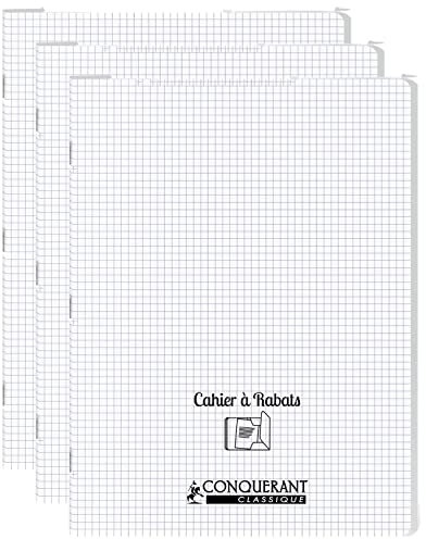 CONQUÉRANT Lot de 3 Cahiers à rabat agrafé 24x32cm 96P 90G petits carreaux polypro incolore