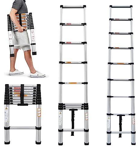 2,6M Klappleiter Aluminium Teleskopleiter Verlängerungsleiter EN131-zertifizierte Tragbare Mehrzweck-Schritt-Leiter 14 Stufen, Gefaltet 73,5cm Rutschfester Ausziehleiter für Haus,150 kg Belastbarkeit