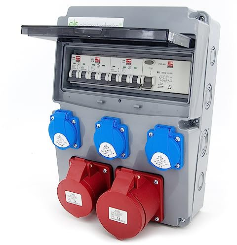ELS Elektrotechnika Baustromverteiler Wandverteiler 3x230V Schuko mit FI Schalter und Leitungsschutzschalter, 1xCEE 16A, 1xCEE 32A, Verdrahtet, Anschlußfertig für Garage, Werkstatt, Fabrik.