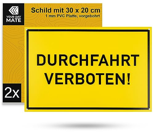 Hinweisschild DURCHFAHRT VERBOTEN!, 2 Stück, 30 x 20 cm, 1 mm starkes PVC Schild mit Bohrlöchern, Schilder Privatweg, Einfahrt privat Warnschild, Verbotsschild Privatgrundstück, Durchgang untersagt