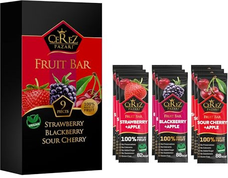 Cerez Pazari Dried Fruit Roll Ups, 25g x 9 pack Snacks Variety Pack for Adults and Kids, Healthy Vegan Real Fruit Bars, Snacks with Strawberry, Blackberry and Sour Cherry