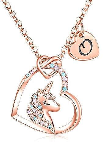 TINGN Unicorn Gifts for Girls Necklace, 14K Plated Rose Gold Heart Pendant Unicorn Necklaces for Girls Women Necklaces with Letter O Unicorn Necklace Girls Jewelry Birthday Unicorn Gifts for Girls