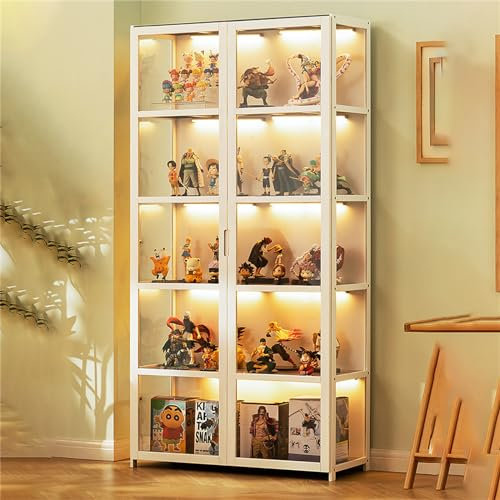 LAPHAL Vitrine transparente pour figurines, étagères de rangement avec porte en verre acrylique, meuble de rangement en bambou sur pied transparent, 130 x 42 x 33 cm, blanc