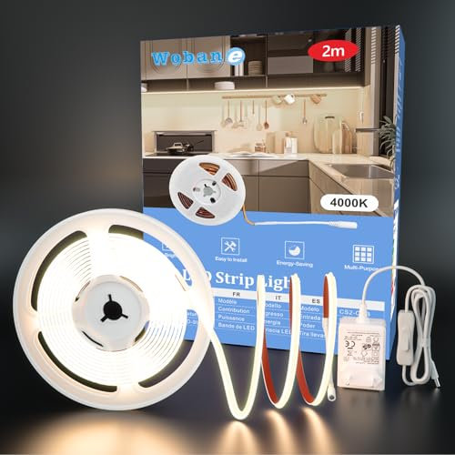 WOBANE Tira Led COB 2 Metros, Tiras Luces Led Blanco Natural 4000 K, Cinta Led con Fuente de Alimentación y Interruptor para Cocina Bajo Mueble,Habitacion,Gabinete