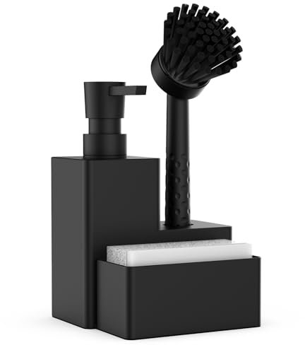 Anhow Dispensador Jabon Cocina, Soporte de Estropajo Jabonera Cocina, Organizador para Fregadero de Cocina con Esponja y Cepillo Fregar Platos Juego 3 en 1 para Organizador- Negro Mate