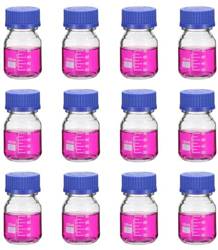 PATIKIL 12 Pack Reagent Media Storage Bottles, 100ml Borosilicate Glass Graduated Round Bottles with GL32 Blue Screw Cap for Lab Water Reagent Liquids, Clear