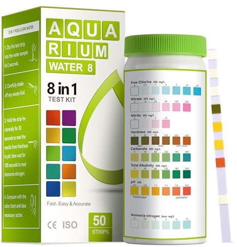 AAwipes 8-in-1 Aquarium Test Kit für Fischbecken - Schnelle & Präzise Teststreifen für Aquarien & Teiche. Testet pH, Ammoniak, Alkalinität, Härte, Chlor, usw. (K02-50)