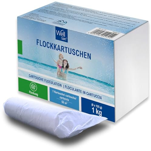 poolomio Superflock Flockungsmittel Pool 1 kg | 8 x 125 g Flockkartuschen zur Entfernung von Trübungen für kristallklares Poolwasser | Geeignet für Filteranlagen mit Sand und Filterglas
