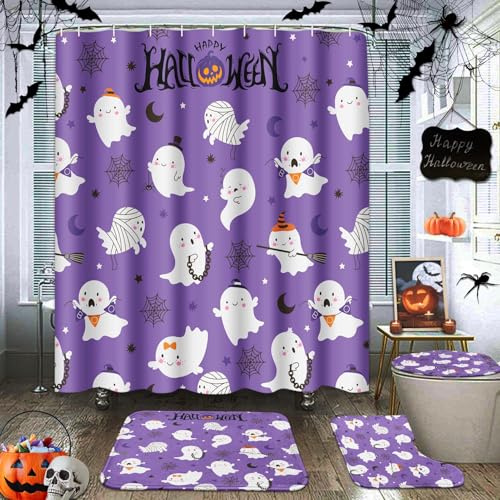 Tayney Set di tende da doccia divertenti con copriwater e tappeti antiscivolo, motivo ragno Halloween felice, 4 tende da doccia per bagno, viola