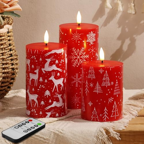 Eywamage Red Christmas Candles with Remote, Battery Operated Deer Snowflakes Candles, Real Wax Flameless LED Candles Set of 3