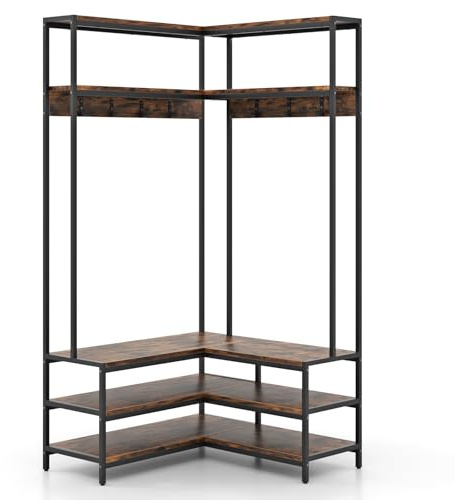 Multigot L-shaped Clothes Rack, Freestanding Corner Garment Rack Hall Tree with Shoe Storage Bench, Shelves and 7 Hooks, Metal Frame Coat Rack Stand Closet Storage Organizer (Rustic Brown+Black)