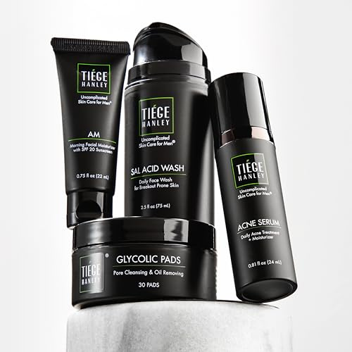Tiege Hanley Men's Blemish Treatment System (Level 2), The TiegeClear Advanced Routine for Smooth Skin - Includes Sal Acid Wash, Glycolic Pads, Serum, and Moisturizer - All Skin Types