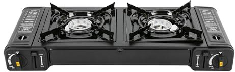 Levkitch Fornello a gas a 2 fiamme, Doppio Bruciatori Cucina Portatile,Fornello da campeggio a 2 fuochi con accensione piezoelettrica e valigett senza grill teglia (senza di essa)