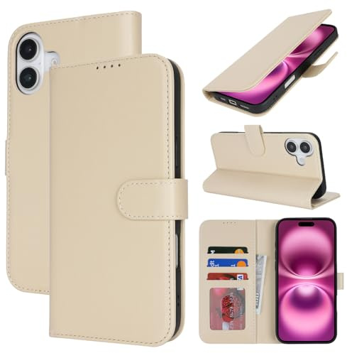 Zouzt Wallet Case for iPhone 16 (6.1), with Card Holder, Beige | Premium PU Leather, with Credit Slot, Shockproof TPU Shell, Magnetic Closure, Protective Flip Folio Phone Cover, Women Men